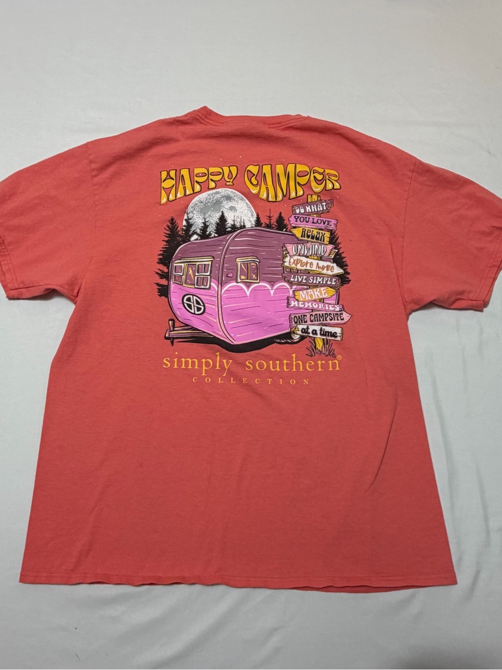 Simply Southern Womens XL T Shirt Coral Happy Camper Van Graphic Tee Pink Retro